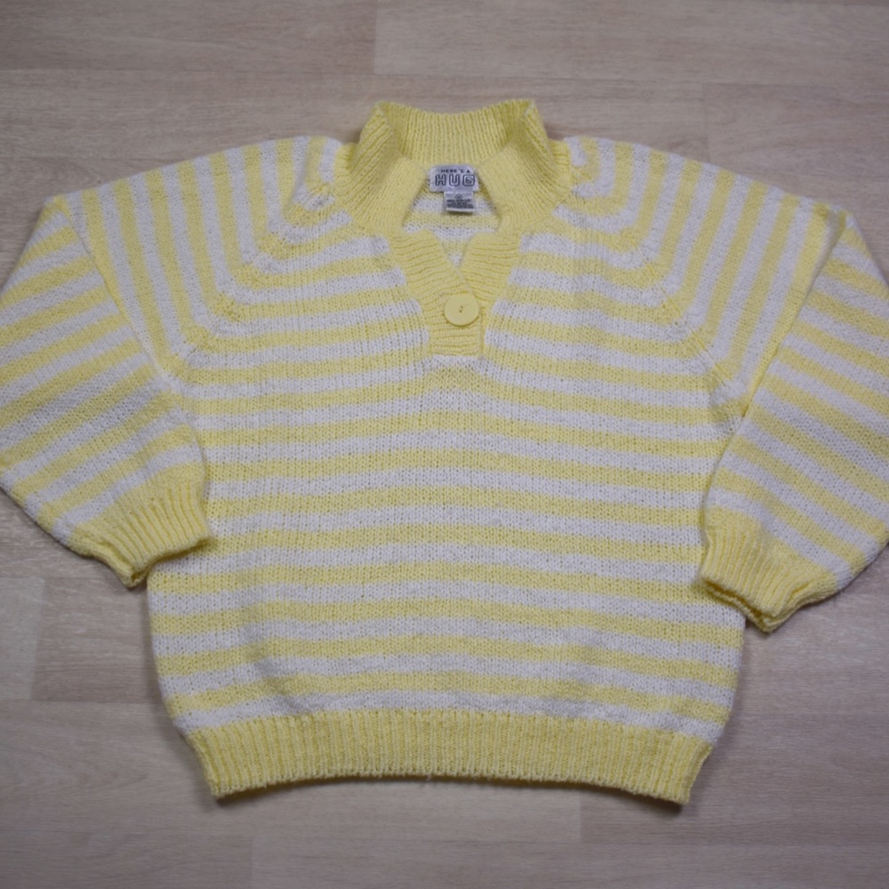 80s Here's a Hug Stripe Sweater Yellow Collar Size Medium VTG 1980s